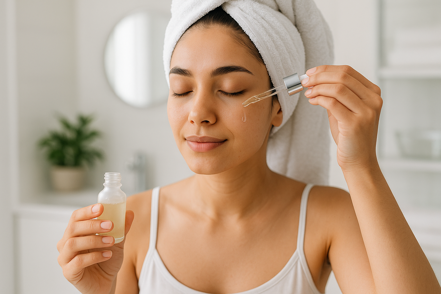 a lady doing her skincare routine, towel on her head, holding a product with a pippette and squeezing it on her face